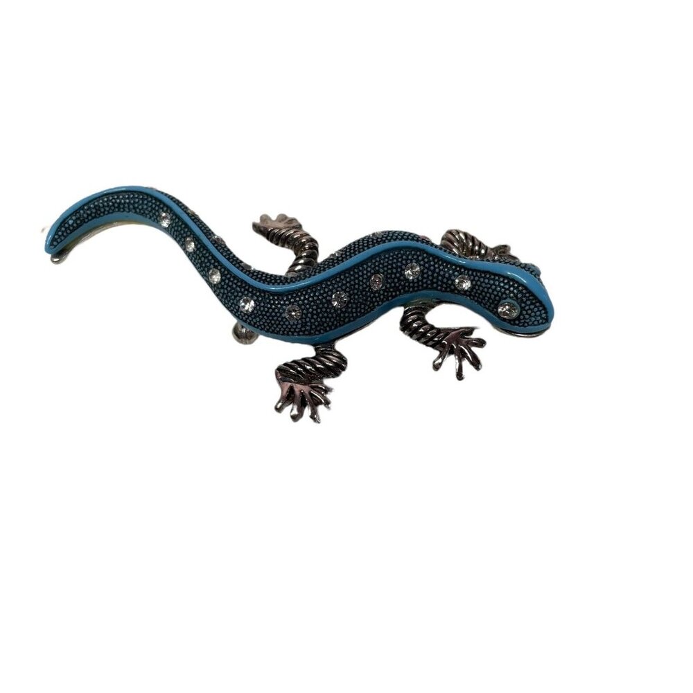 Silver Tone Rhinestone Lizard Salamander Pin Brooch Blue 3.5”